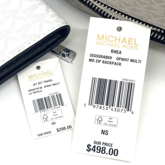 Michael Kors Rhea Medium Zip Backpack & Large Trifold Wallet Optic White Multi - Picture 13 of 13
